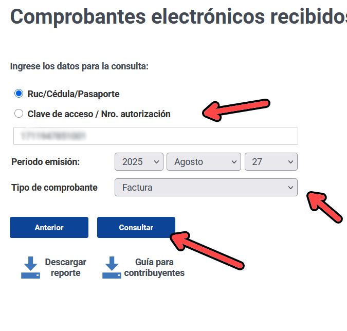 Formulario para consultar comprobantes recibidos