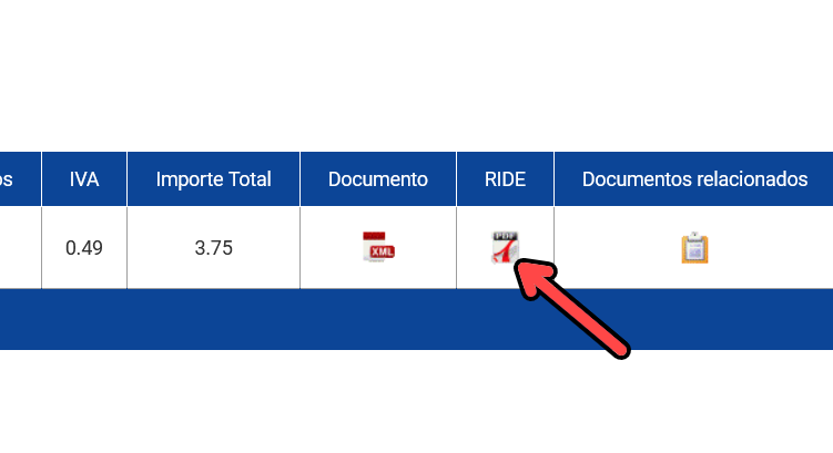 Tabla de resultados con icono PDF RIDE